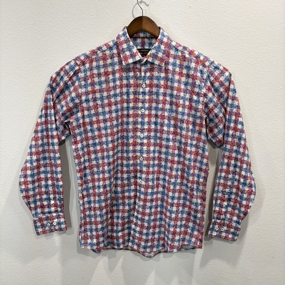 Bugatchi Uomo Mens Classic Fit Floral Checkered Cotton Button Front Shirt Long